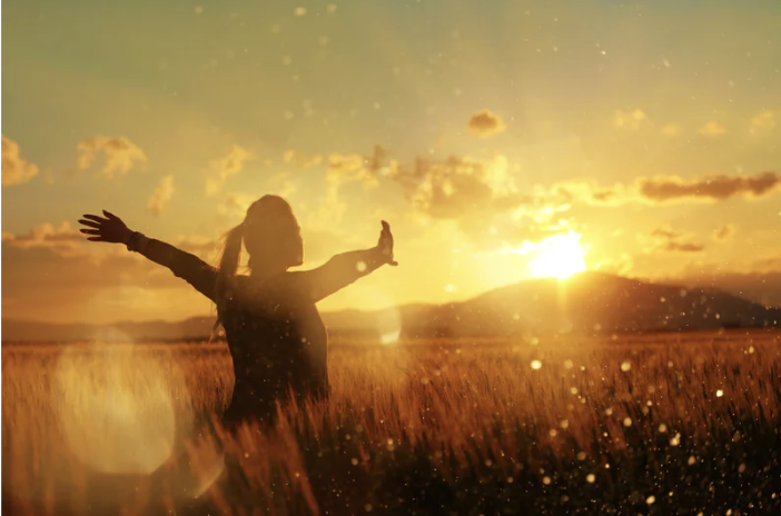 夕日と草原と女性