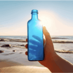 青いガラス瓶を海にかざしている